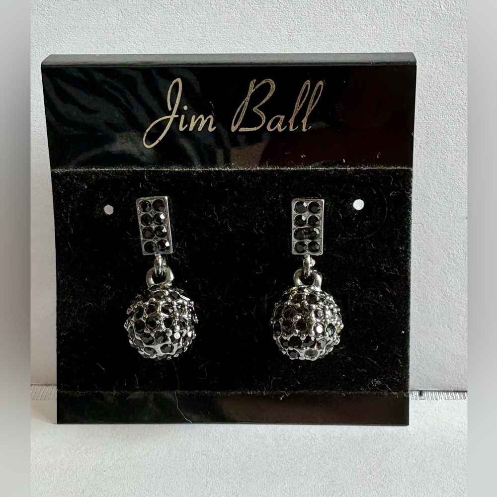 Jim Ball Silver Black Rhinestone Stud Dangle Ball Earrings New